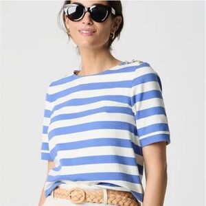 NWT JCREW WOMENS SHORT SLEEVE STRIPED BUTTON SHOULDER TEE SHIRT TOP MEDIUM BLUE